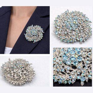 Blue Silver Crystal Statement Brooch Large Floral Sparkle Vintage Glam Pin